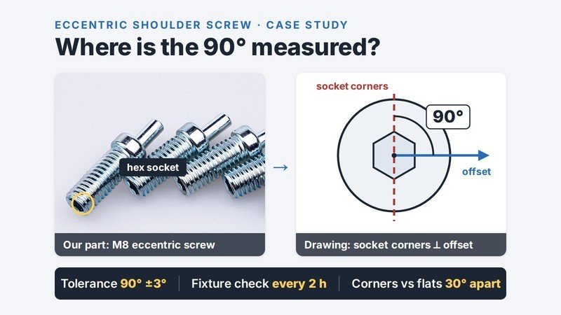 M8 eccentric shoulder screw with the hex socket marked, next to a diagram of the 90 degree angle between the socket corners and the offset