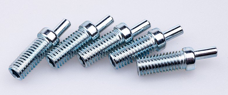 Five zinc-plated M8 eccentric shoulder screws with a hex socket in the threaded end and a short pin at the other end