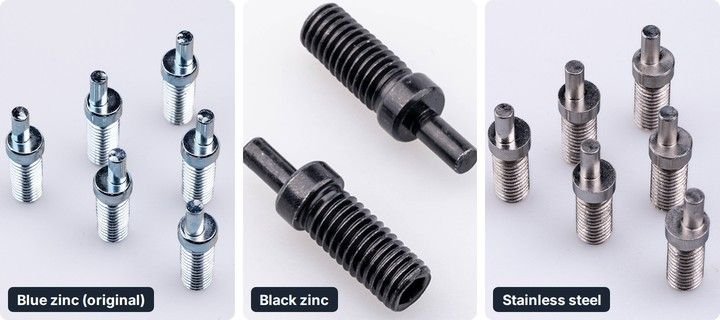 The same eccentric shoulder screw in blue zinc, black zinc and stainless steel