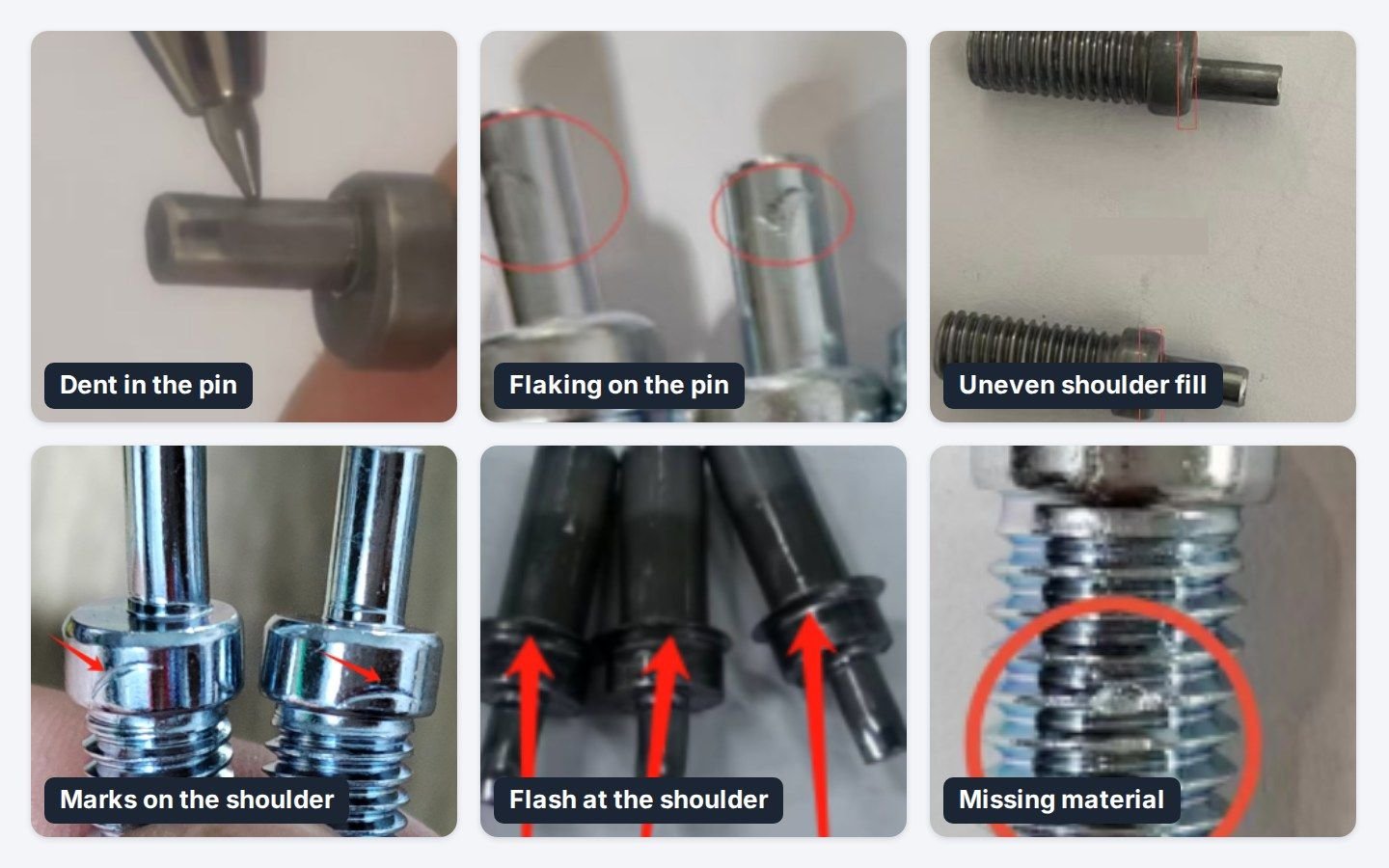 Six cold-heading defects on an M8 shoulder screw: dent in the pin, flaking on the pin, uneven shoulder fill, marks on the shoulder, flash at the shoulder and missing material in the thread
