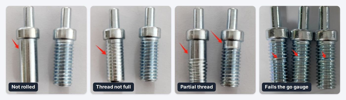 Four thread rolling defects on a shoulder screw: not rolled, thread not full, partial thread and a thread that fails the go gauge