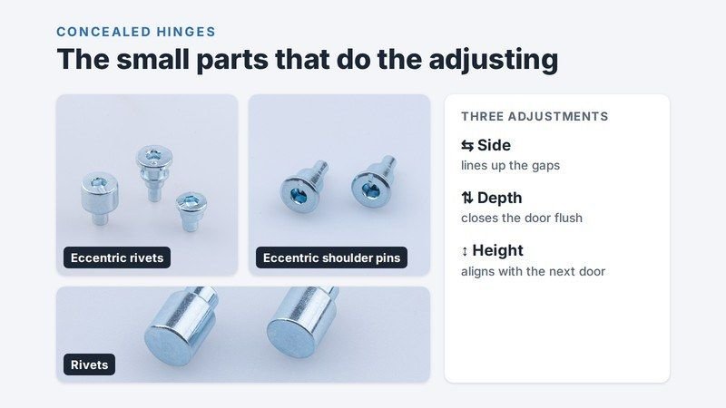 Eccentric rivets, eccentric shoulder pins and rivets used in concealed hinges, next to the three hinge adjustments: side, depth and height
