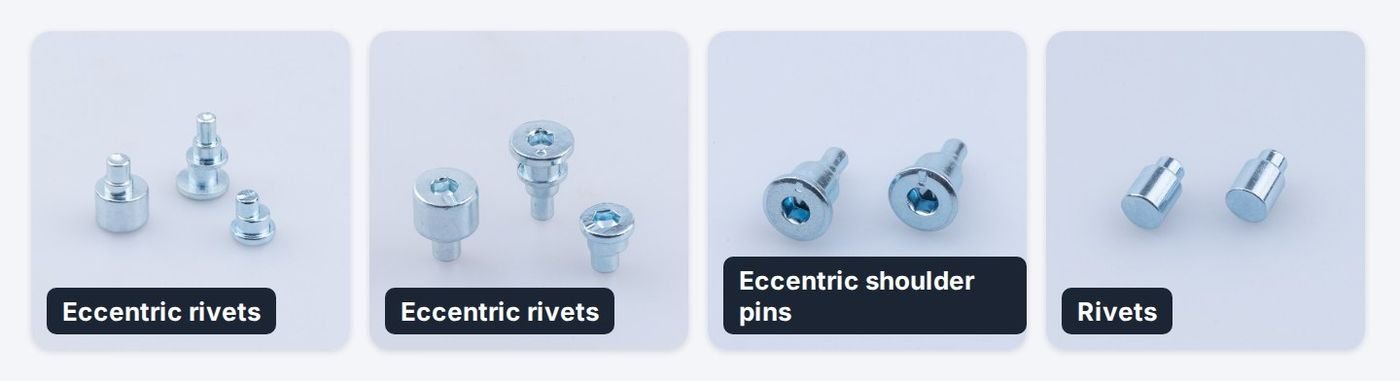 Eccentric rivets, eccentric shoulder pins and rivets of the kind used in concealed hinges