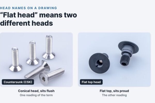 Stainless countersunk socket screws beside black flat-topped screws, labelled as the two readings of flat head: countersunk, and flat top