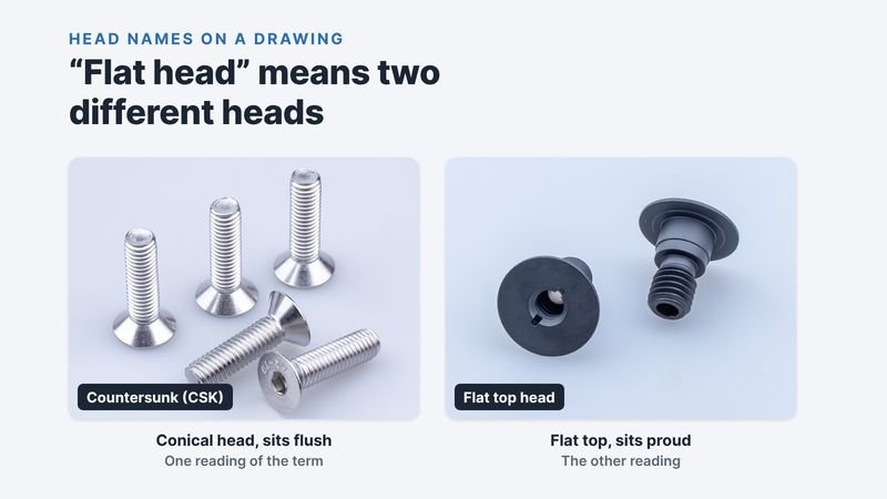 Stainless countersunk socket screws beside black flat-topped screws, labelled as the two readings of flat head: countersunk, and flat top