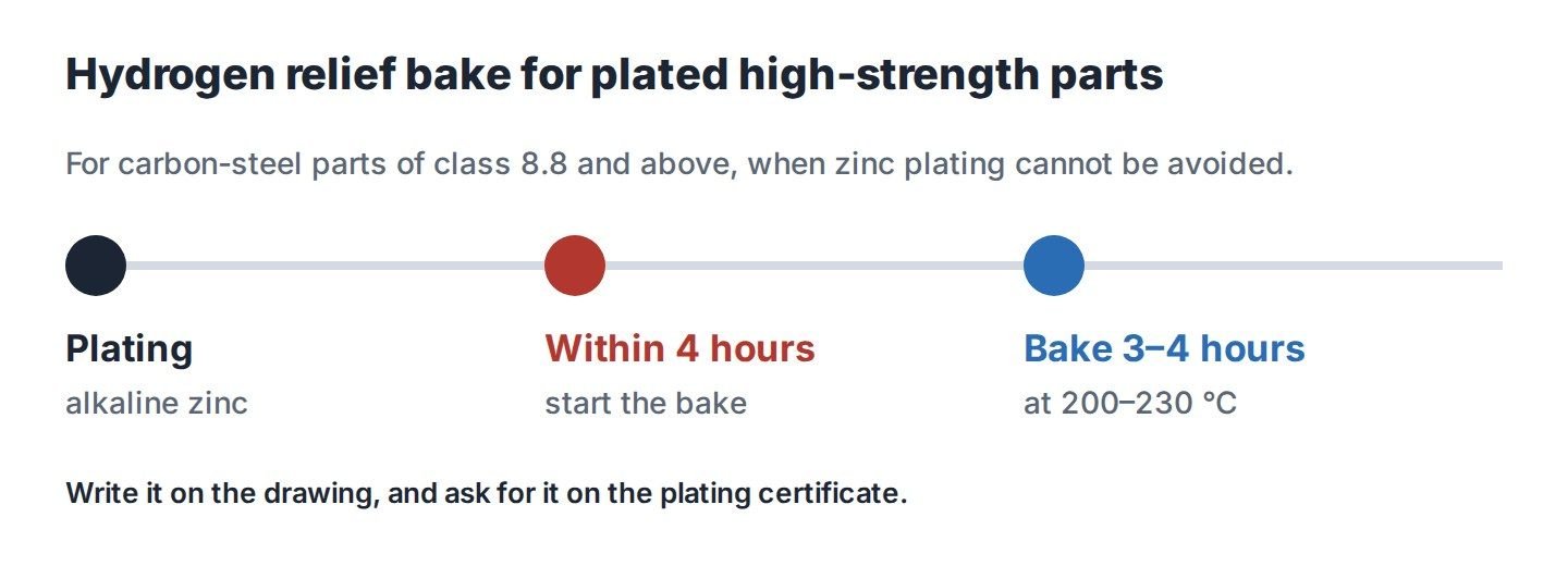 Timeline of a hydrogen relief bake: alkaline zinc plating, start the bake within 4 hours, bake 3 to 4 hours at 200 to 230 °C