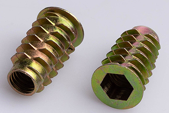 Two colour-zinc zinc alloy insert nuts for wood with flange, hex socket and coarse outer thread