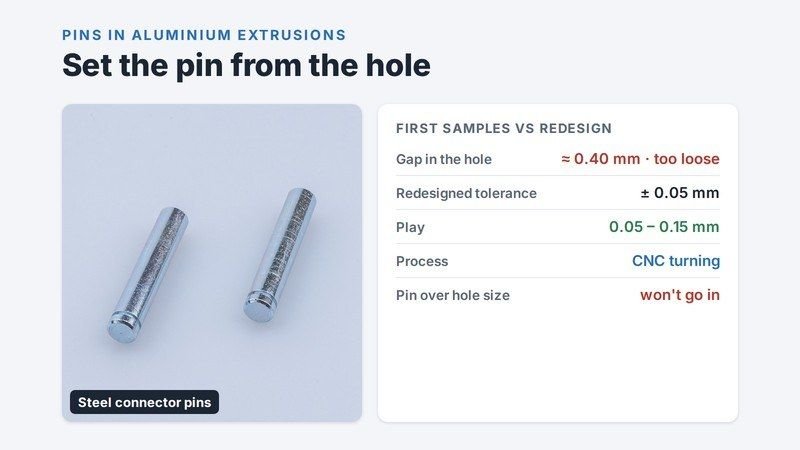 Zinc plated steel connector pins next to a table: first samples had about 0.40 mm of play in the hole; the redesigned pin at ± 0.05 mm leaves 0.05 to 0.15 mm, made by CNC turning