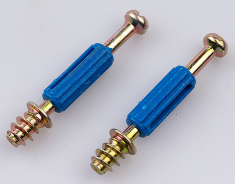 Two connecting bolts with a blue plastic cover over the shank and a colour-zinc head