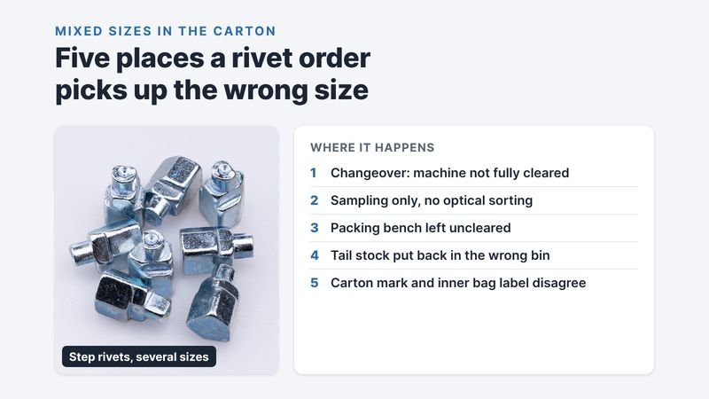 Zinc-plated step rivets in several sizes beside a numbered list of the five points where a rivet order picks up the wrong size
