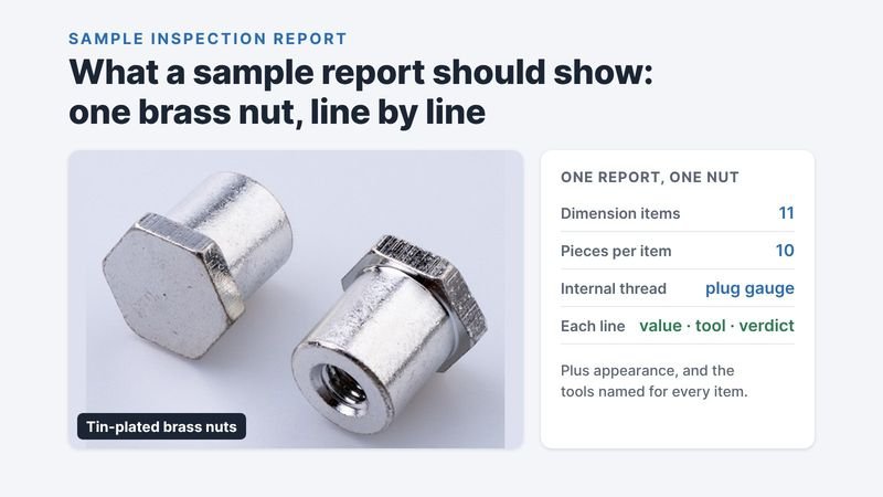 Two tin-plated brass hex nuts, with what one sample report covers: 11 dimension items, 10 pieces per item, plug gauge for the thread, value, tool and verdict on each line