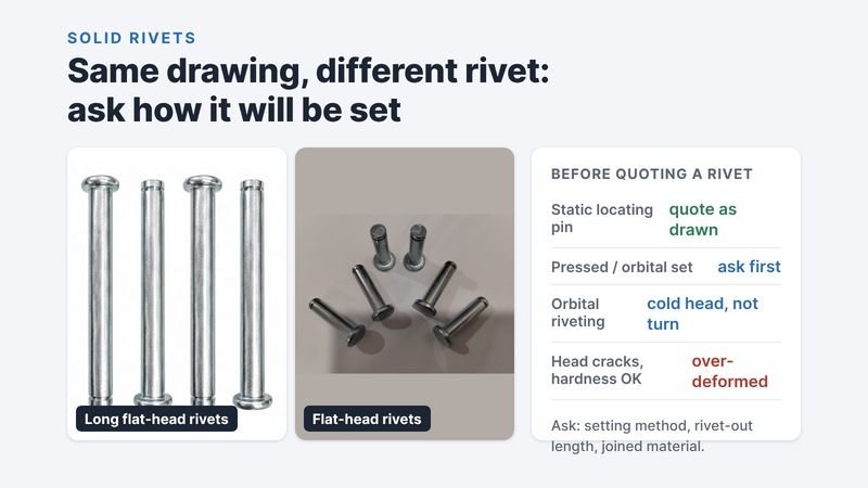 Long flat-head rivets and short flat-head rivets, with what to ask before quoting: static pin, pressed or orbital set, cold-headed for orbital riveting, cracked heads with hardness in spec