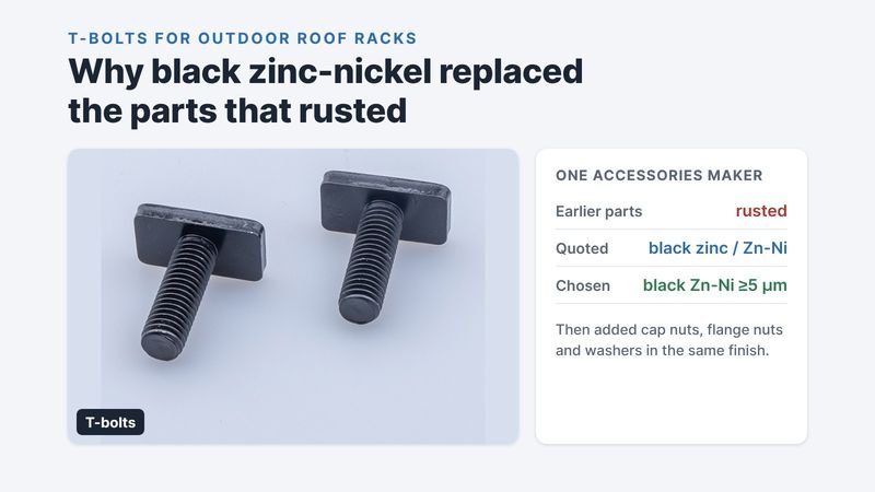 Black T-bolts, with the finish history: earlier parts rusted, black zinc and black zinc-nickel quoted, black zinc-nickel chosen at 5 µm or more