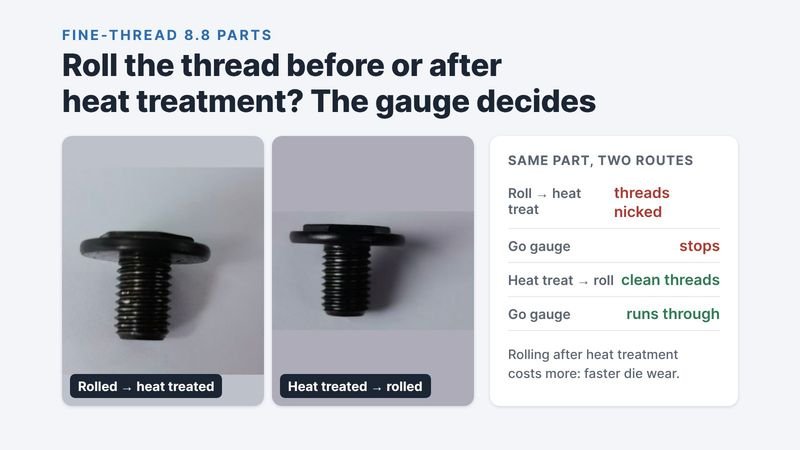 Two black flanged screws with fine threads: one rolled before heat treatment with nicked threads, one heat treated before rolling with clean threads